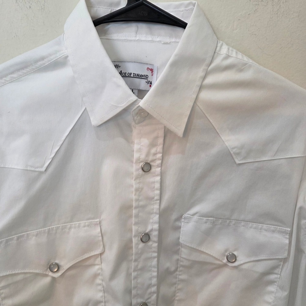 Ace of Diamond Western Pearl Snap Shirt Large White Long Sleeve Yoke Pockets